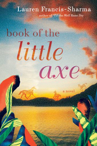 Cover of the June 2020 Bocas Book Bulletin featuring “Book of the Little Axe” by Lauren Francis-Sharma, depicted with a sunset over water and silhouettes of horses.