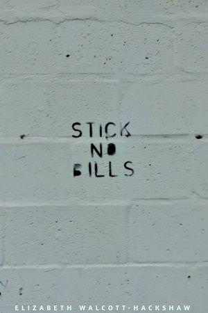 Spray-painted words on a white brick wall read “STICK NO BILLS,” with the name “ELIZABETH WALCOTT-HACKSHAW” at the bottom, as seen in the November 2020 Bocas Book Bulletin.