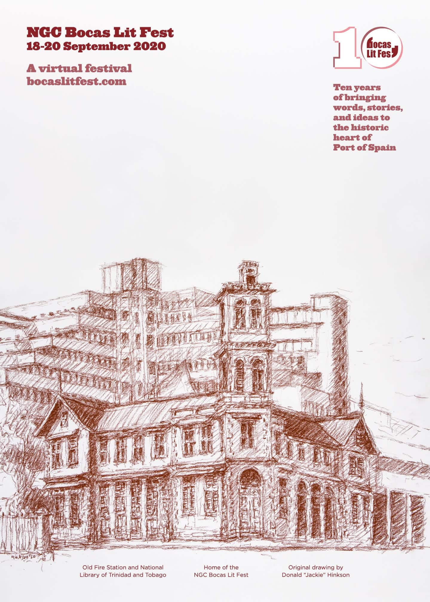 A Jackie Hinkson sketch of the Old Fire Station and National Library in Port of Spain, featuring event information for the 10-year anniversary of the NGC Bocas Lit Fest.