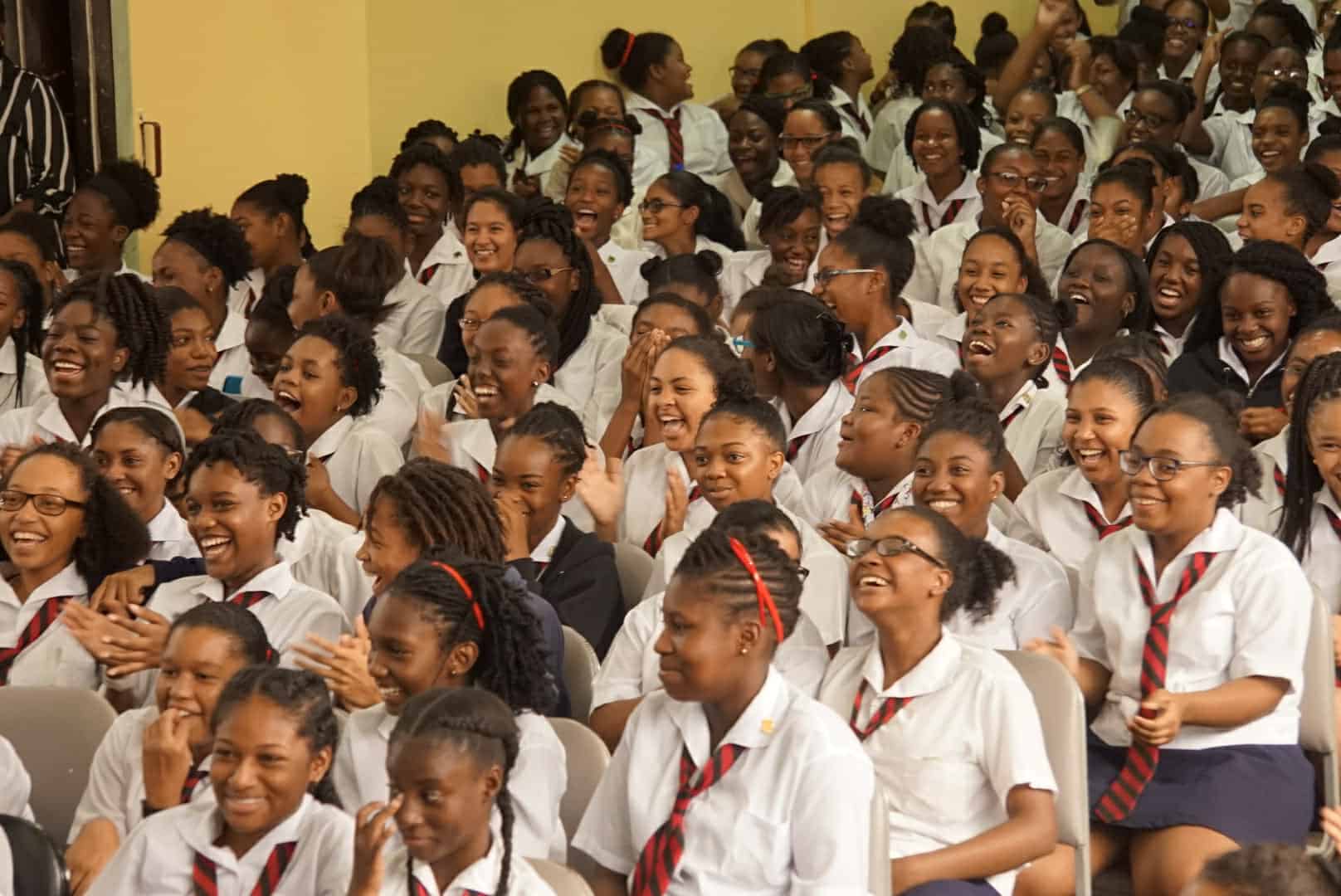 Packed into school hall, BAHS girls enraptured by what they hear.