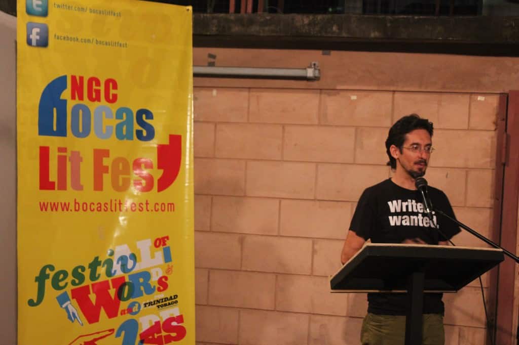 Bocas Programme Director Nicholas Laughlin addresses the Alice Yard gathering.