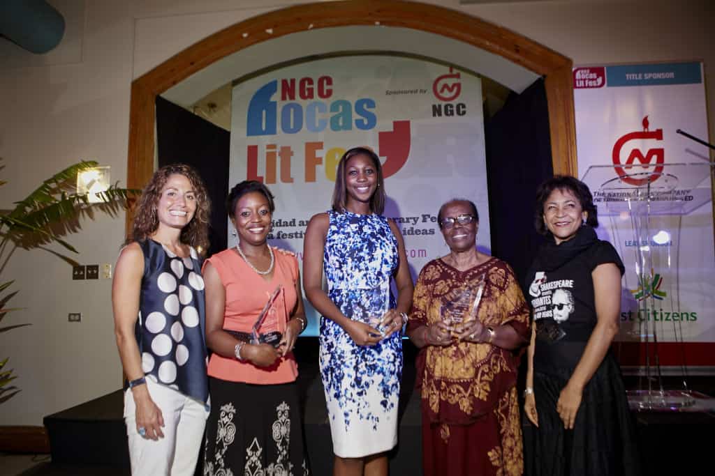 The 2016 Burt Award for Caribbean Literature winners with CODE Board member Lynne Dean and Bocas Lit Fest founder and director Marina Salandy Brown. (L-R: Lynne Dean, Danielle Y.C. McClean, Tamika Gibson, Florenz Webbe Maxwell, Marina Salandy Brown)