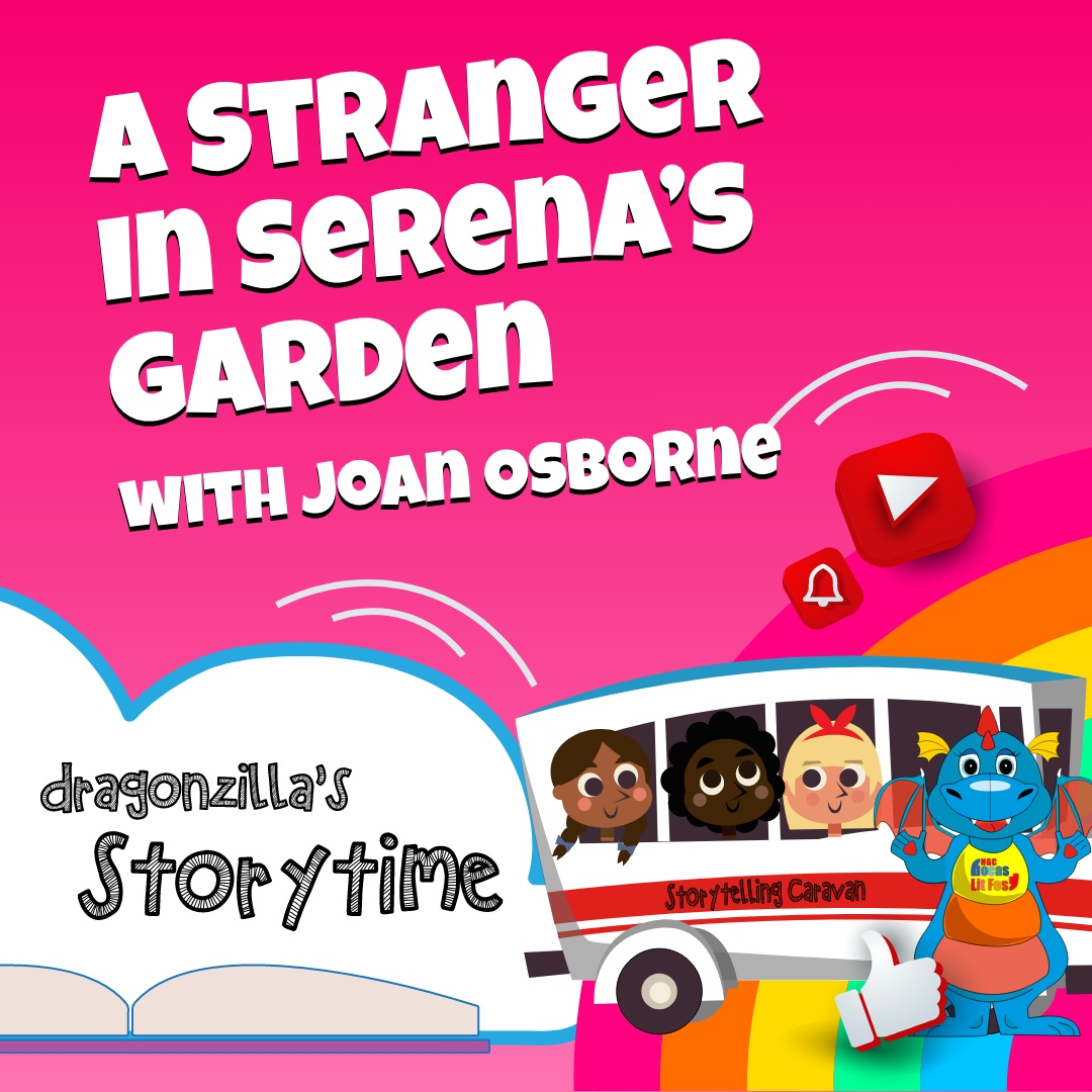 Graphic for the Dragonzilla’s Storytime episode “A Stranger in Serena’s Garden” featuring Joan Osborne, showing three children in a van and a dragon mascot giving a thumbs-up.