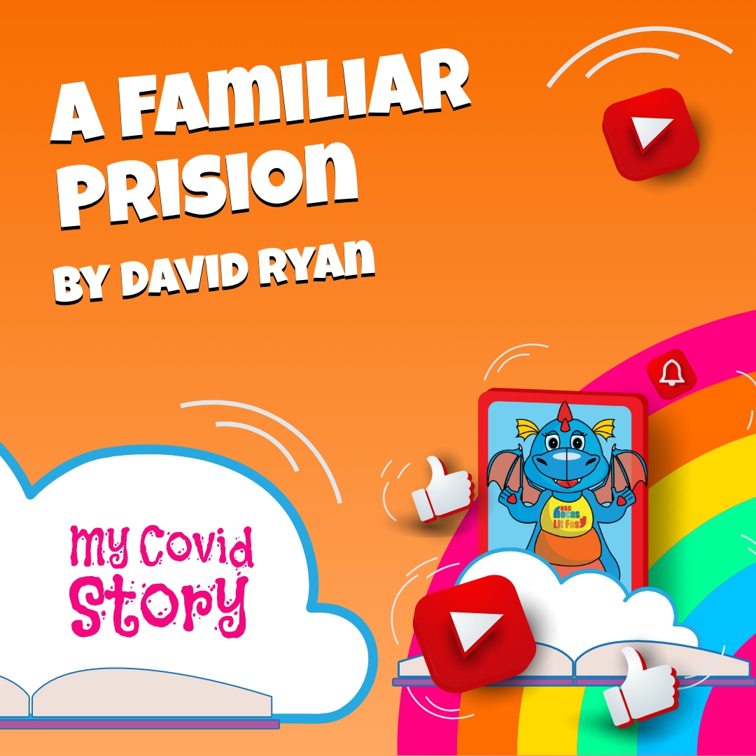 An illustration of a blue dragon, a rainbow, and a book icon titled “My Covid Story,” part of the art piece A Familiar Prison by David Ryan.