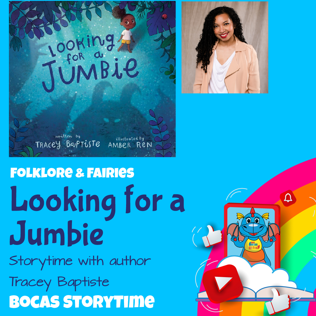 Cover of the book “Looking for a Jumbie” by Tracey Baptiste, featuring Caribbean folklore, next to a photo of the author, with event promotional text below.