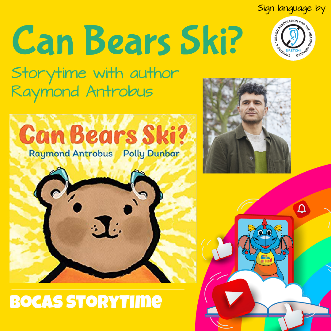 Event flyer for a storytime reading of “Can Bears Ski?” with author Raymond Antrobus, featuring a headshot of the author and the book cover.