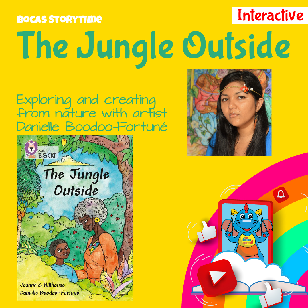 Promotional graphic for “The Jungle Outside” storytime featuring artist Danielle Boodoo-Fortuné, shown alongside the book cover.