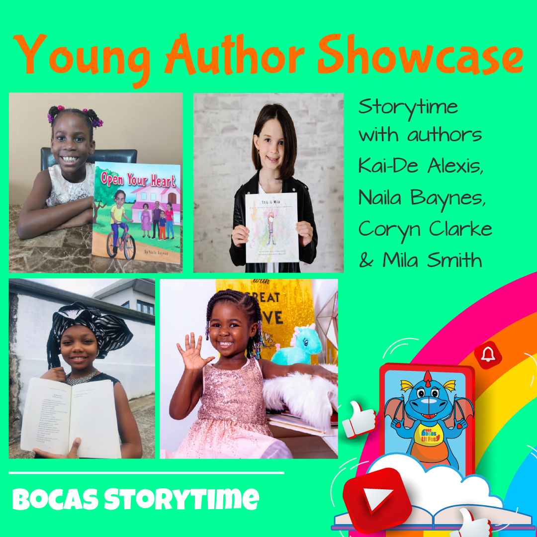 Young Author Showcase poster featuring photos of four children holding books, with a list of authors and the Bocas Storytime logo highlighting various works of children’s literature.