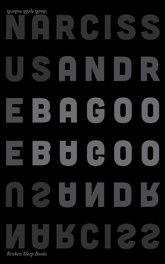 Book cover for Narcissus and Goldmund by Broken Sleep Books, featuring the title in a grid of grey letters on a black background, with some letters inverted, as seen in the October 2022 book news.