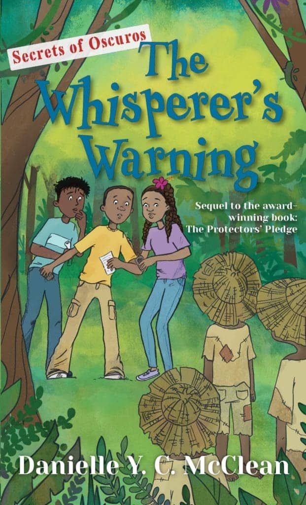 Cover for the 2022 Children’s Book Prize winner “The Whisperer’s Warning,” showing three concerned children in a forest near two figures wearing straw hats.