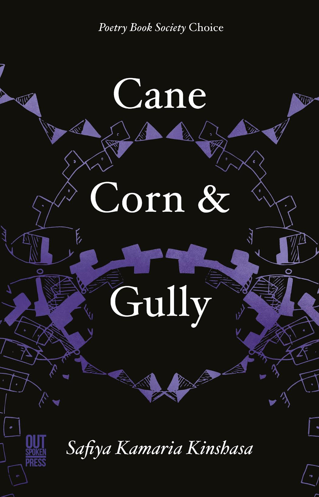 Book cover for Safiya Kamaria Kinshasa’s “Cane Corn & Gully,” featuring purple geometric illustrations on a black background, as seen in the December 2022 Bocas Book Bulletin.