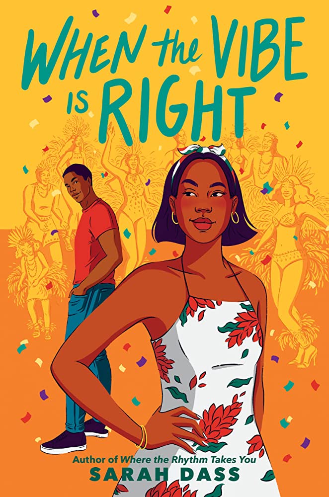 Cover illustration for When the Vibe is Right by Sarah Dass, featuring a woman in a floral dress and a man with background dancers, from the June 2023 Bocas Book Bulletin.