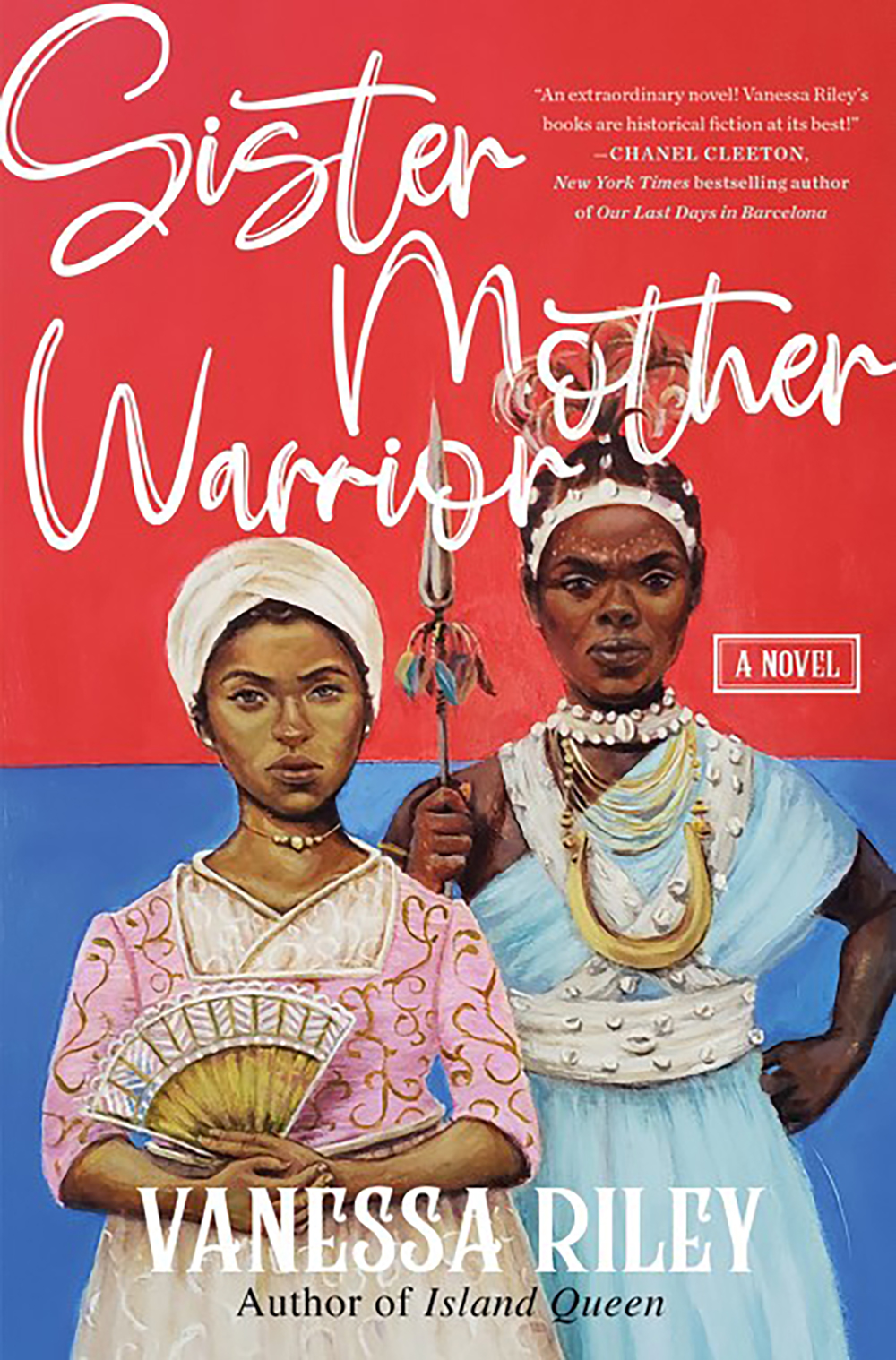Book cover for Sister Mother Warrior by Vanessa Riley, an August 2023 book news highlight featuring an illustration of two Black women in period attire against a red and blue background.