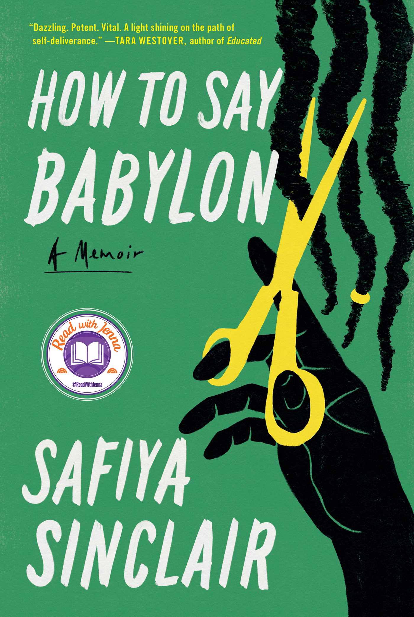 Book cover for “How to Say Babylon” by Safiya Sinclair, featuring a black silhouette of a hand holding yellow scissors against a green background with locs, noted in the November 2023 book news.