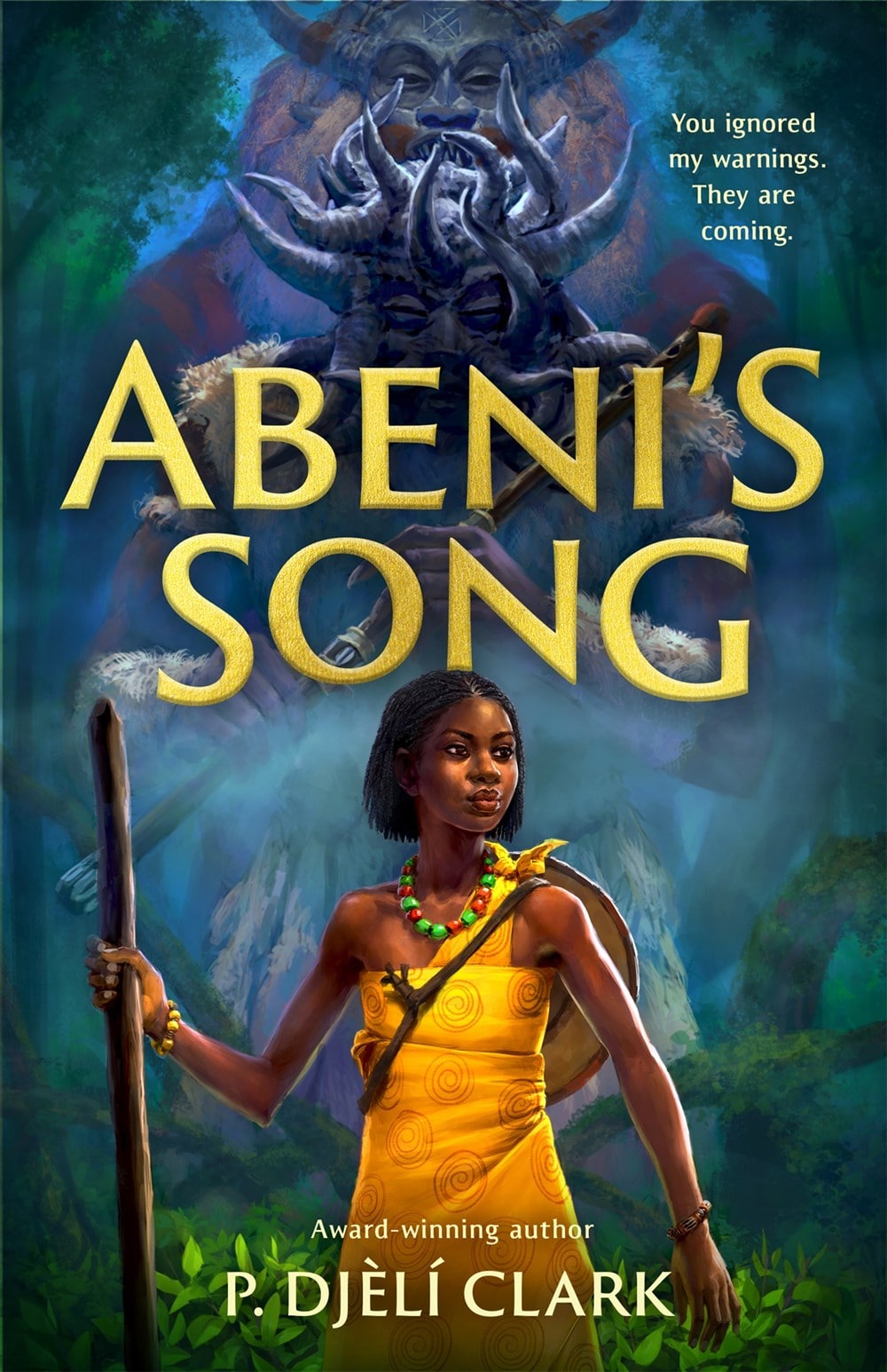 Abeni’s Song book cover, highlighted in the December 2023 Bocas Book Bulletin, features a young woman holding a staff before a giant, masked figure in a forest.
