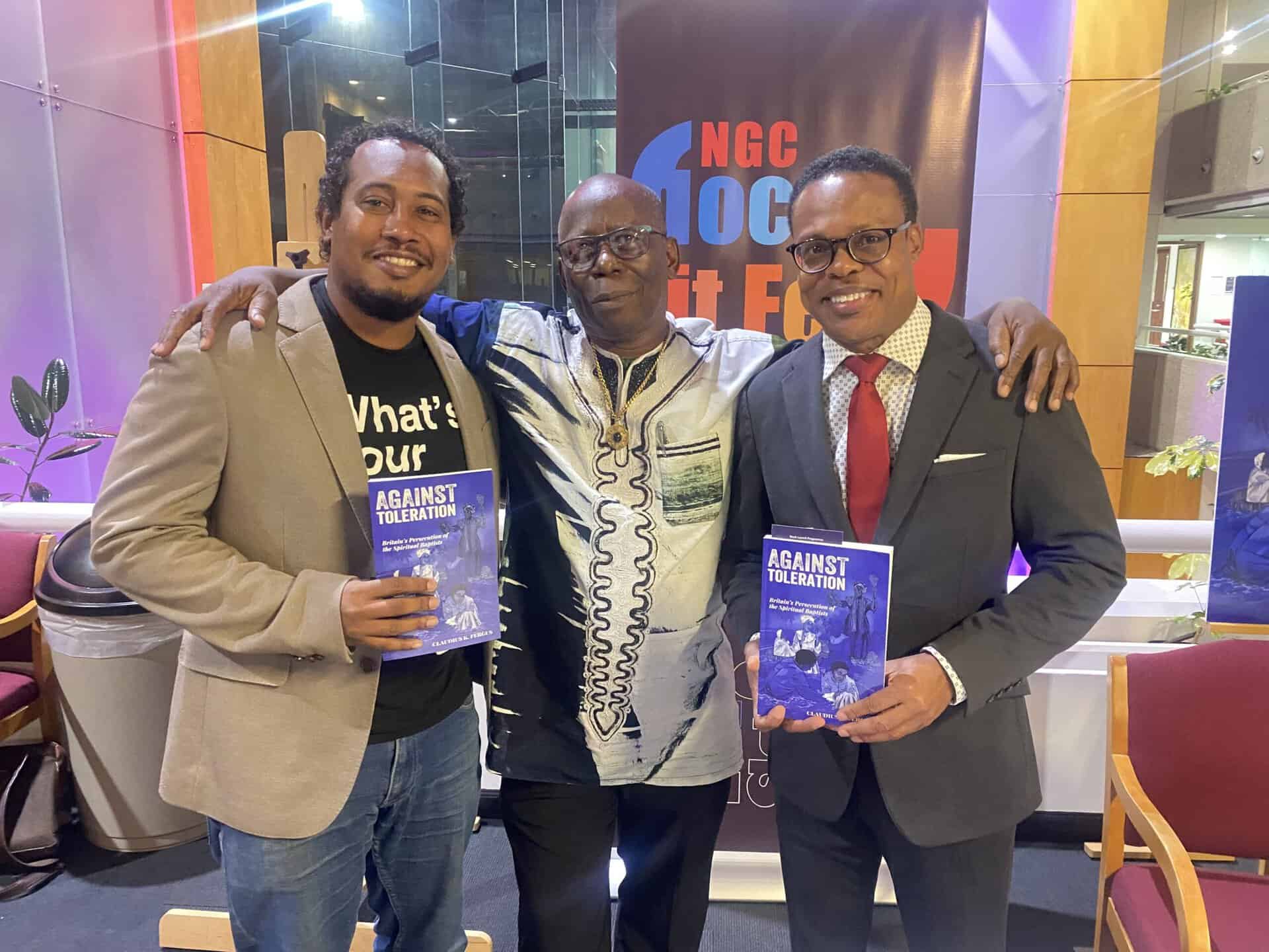 (L to R) Jean-Claude Cournand, CEO Bocas Lit Fest, Dr Claudius Fergus, author of Against Toleration, Minister of Foreign and CARICOM Affairs, Dr Amery Browne take a candid picture at the book launch event
