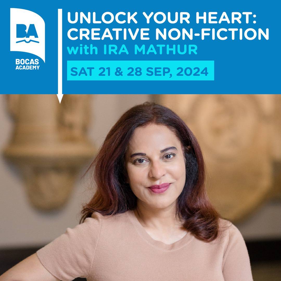 Bocas Academy poster for a creative non-fiction writing workshop with Ira Mathur on 21 and 28 September 2024.