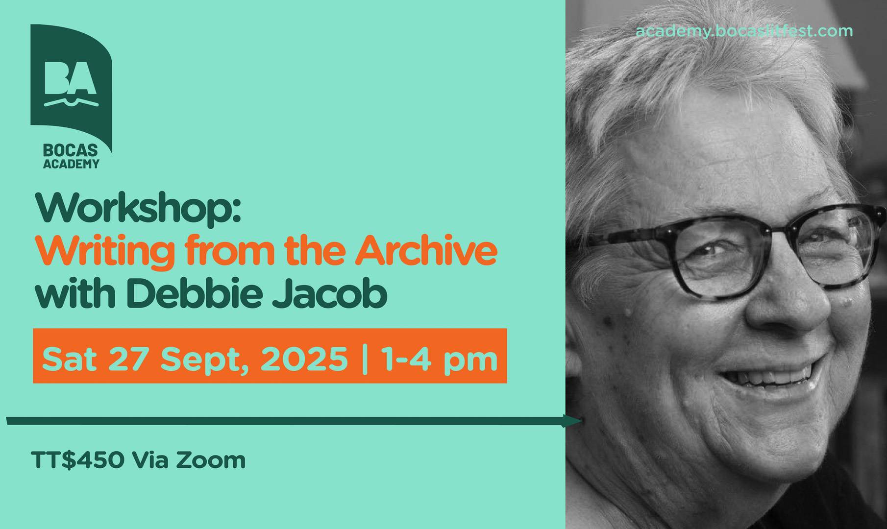 Join Debbie Jacob for a writing workshop on archive writing, Saturday, 27 September 2025, from 1 to 4 pm via Zoom. The fee is TT£450.