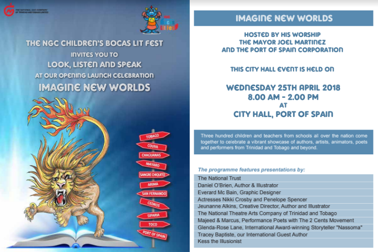 Event flyer for the NGC Children’s Bocas Lit Fest on 25 April 2018 at the City Hall event venue, listing guest speakers and performers.