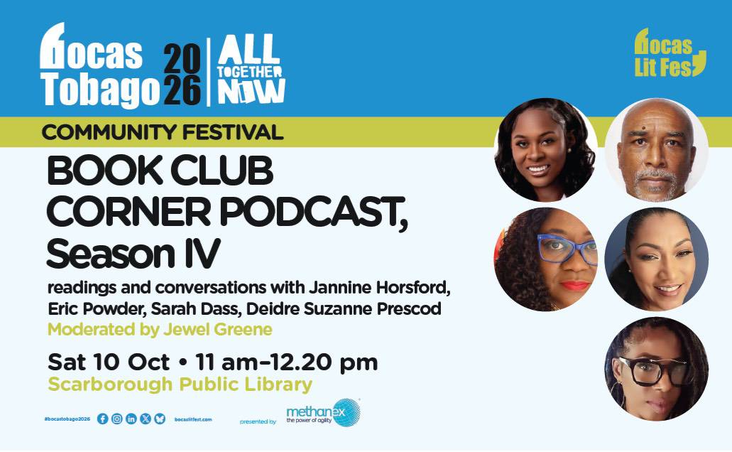 Event poster for Bocas Tobago 2026 featuring the Book Club Corner Podcast, Series IV. Includes event details, guest names, and photos of five participants.
