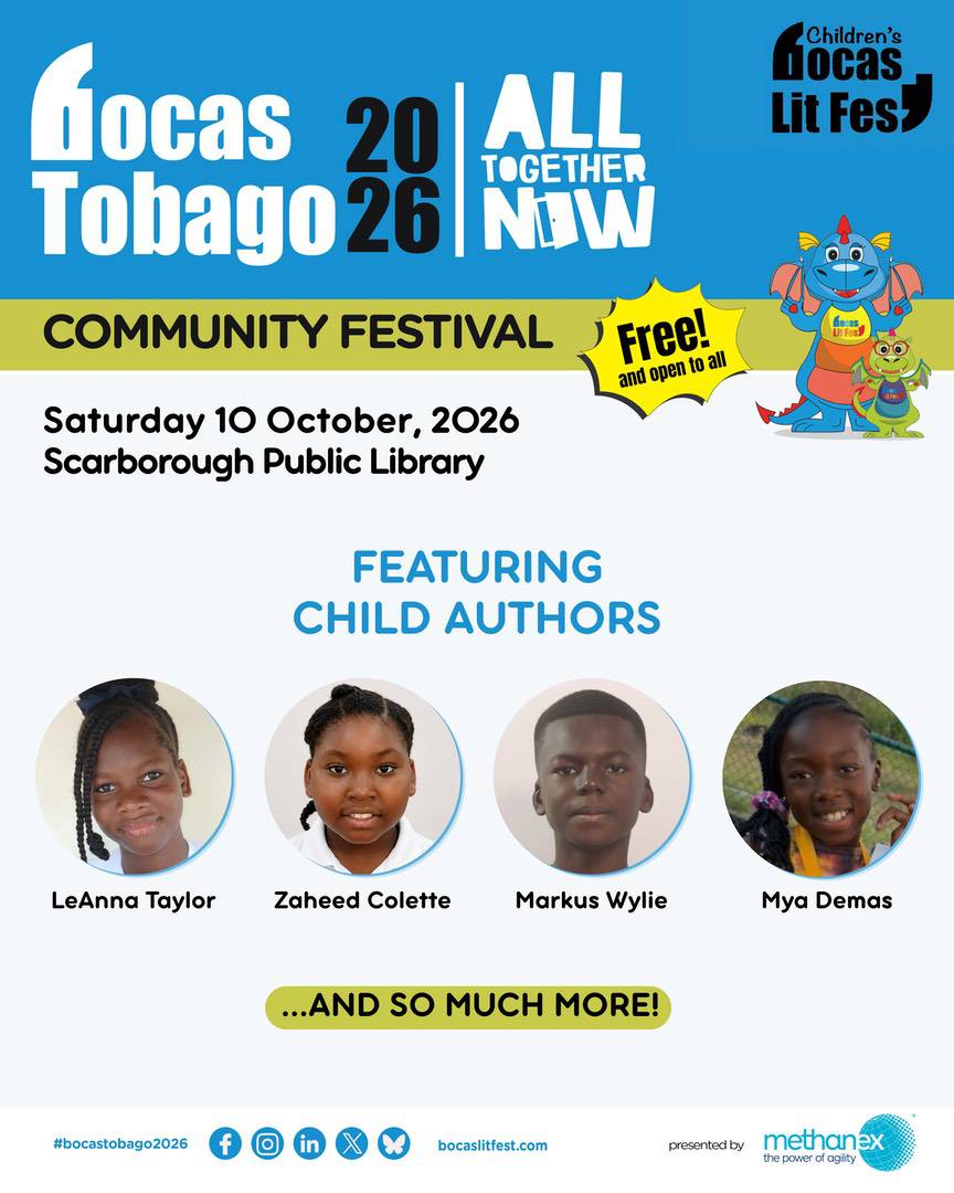 Event poster for the Bocas Children’s Lit Fest on 10 October 2026 at Scarborough Public Library, featuring photos of child authors LeAnna Taylor, Zaheed Colette, Markus Wylie, and Mya Demas.