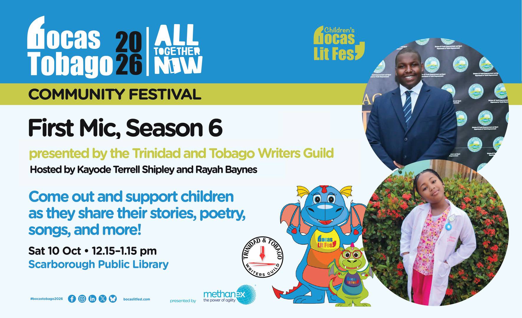 Event flyer for First Mic, Series 6, a community festival presented by the Trinidad and Tobago Writers' Guild, taking place on Saturday, 10 October, at the Scarborough Public Library.