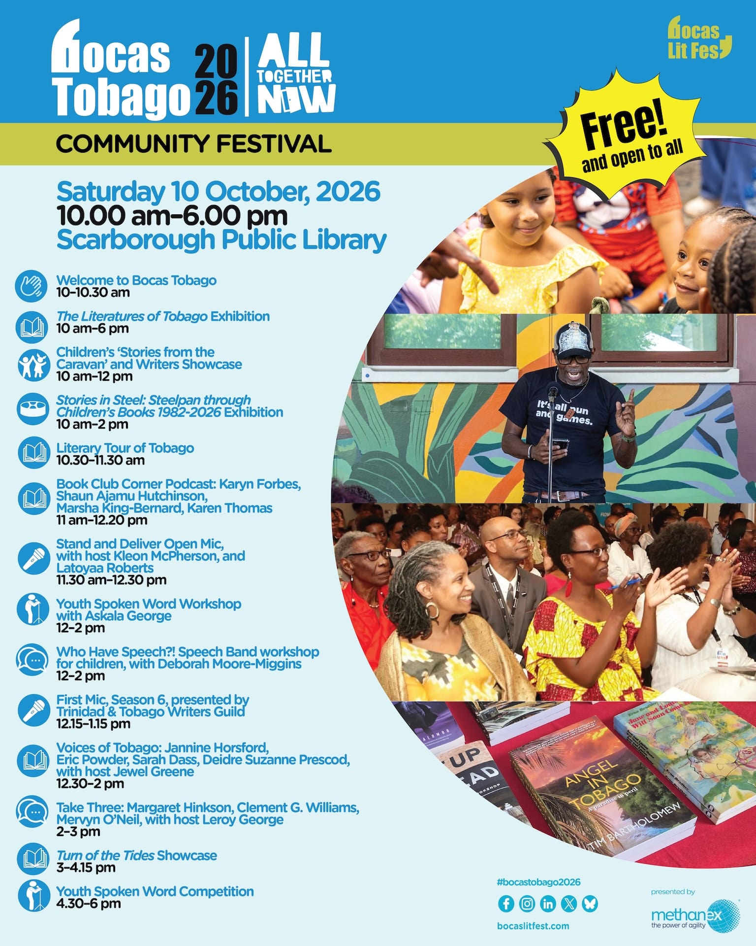 Event flyer for the Bocas Lit Fest Community Festival on 10 October 2026 at the Scarborough Public Library, featuring a schedule of workshops, readings, and performances.