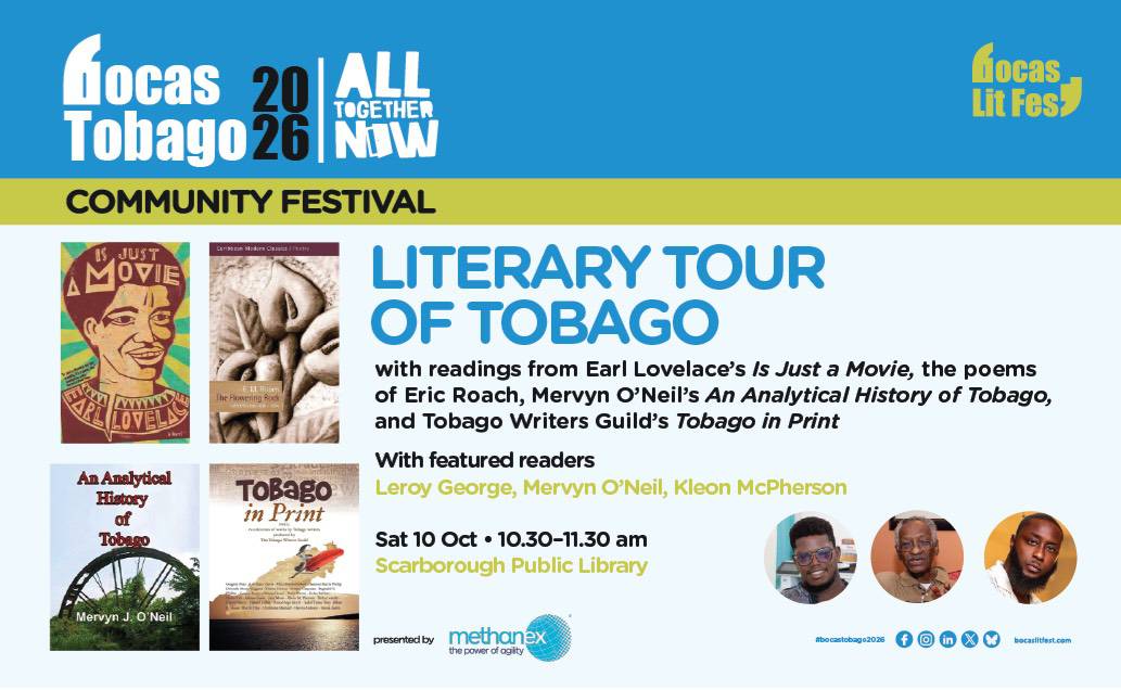 Event flyer for the Bocas Tobago Literary Tour on 10 October at the Scarborough Public Library, featuring readings by Leroy George, Mervyn O’Neil, and Kleon McPherson.