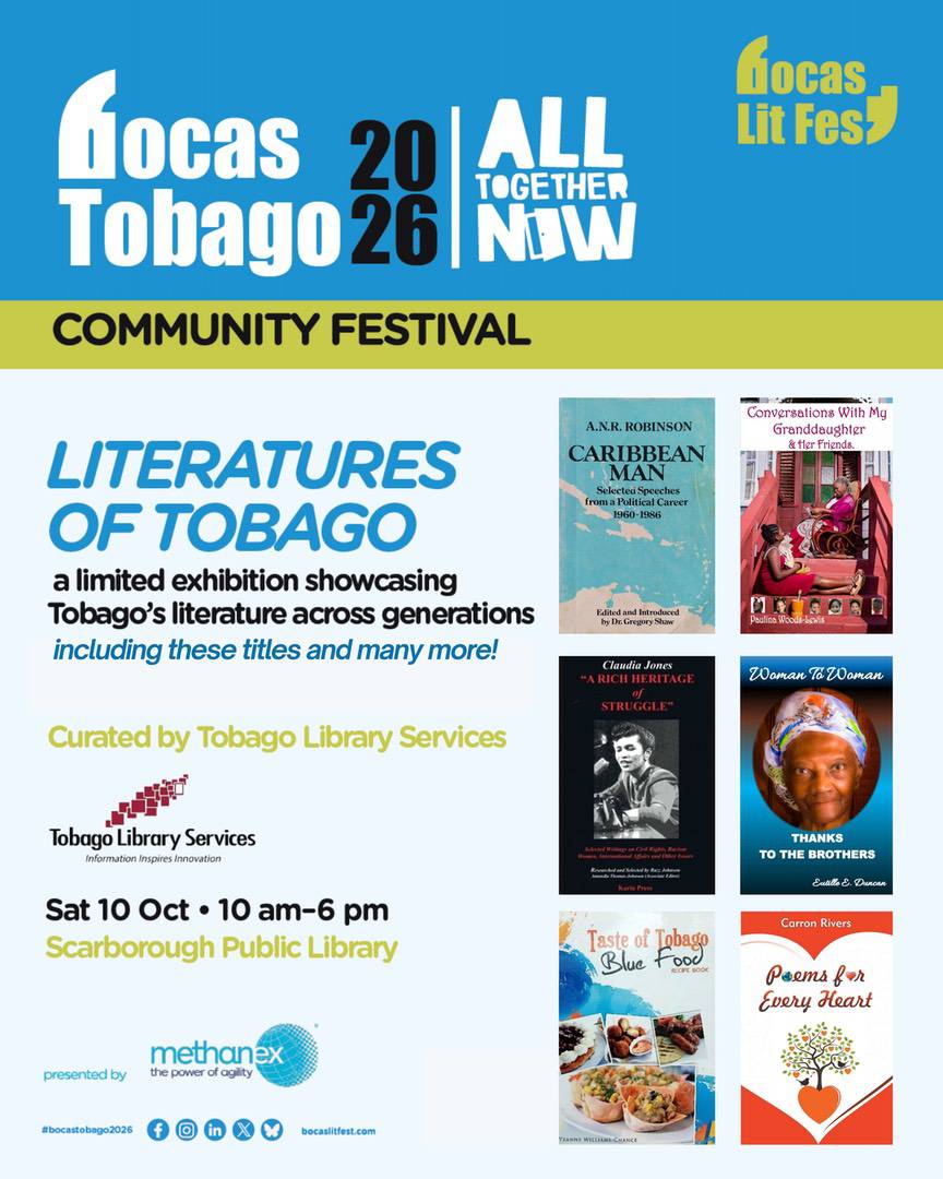 Poster for the 2026 Bocas Lit Fest in Tobago, featuring an exhibition of local literature titles, event date, time, and location at the Scarborough Public Library.