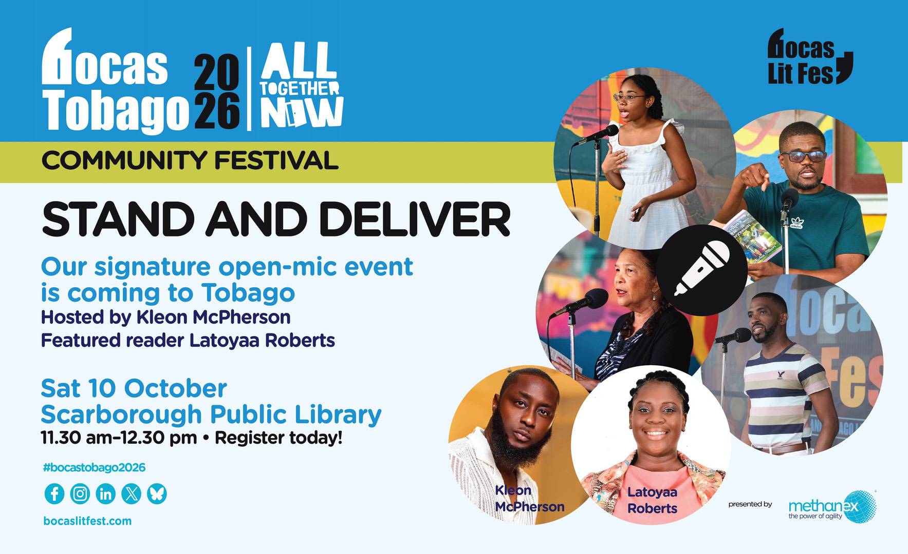 Promotional poster for the Bocas Lit Fest Stand and Deliver open-mic event on 10 October at the Scarborough Public Library, featuring photos of host Kleon McPherson and reader Latoyaa Roberts.