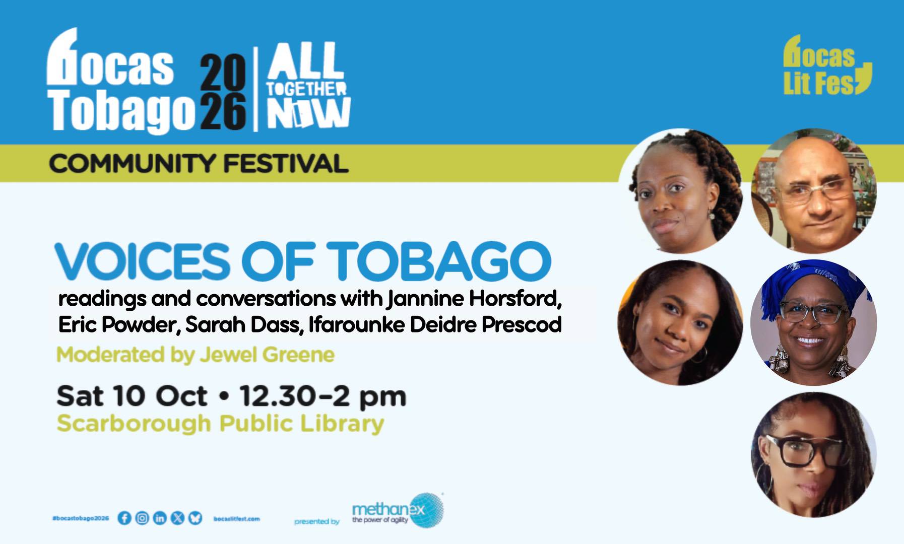 Event poster for Voices of Tobago at Scarborough Public Library on 10 Oct, featuring readings by Jannine Horsford, Eric Powder, Sarah Dass, Ifarounke Deidre Prescod, and moderator Jewel Greene.