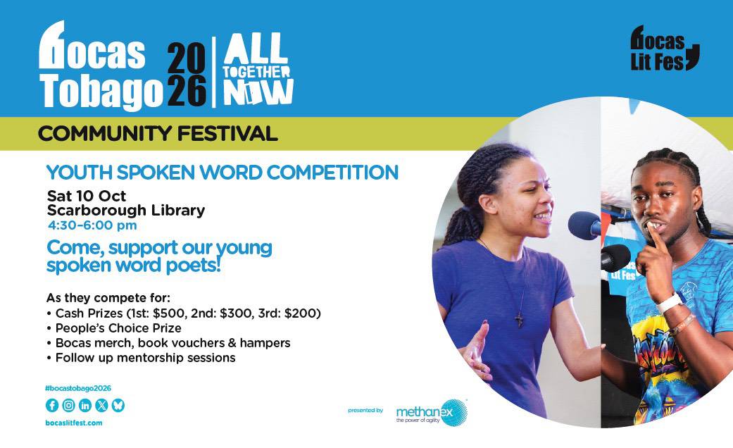 Poster for the Bocas Tobago Lit Fest Youth Spoken Word Competition on 10 October at Scarborough Library, featuring details on cash prizes, awards, and a photo of two young people speaking into microphones.