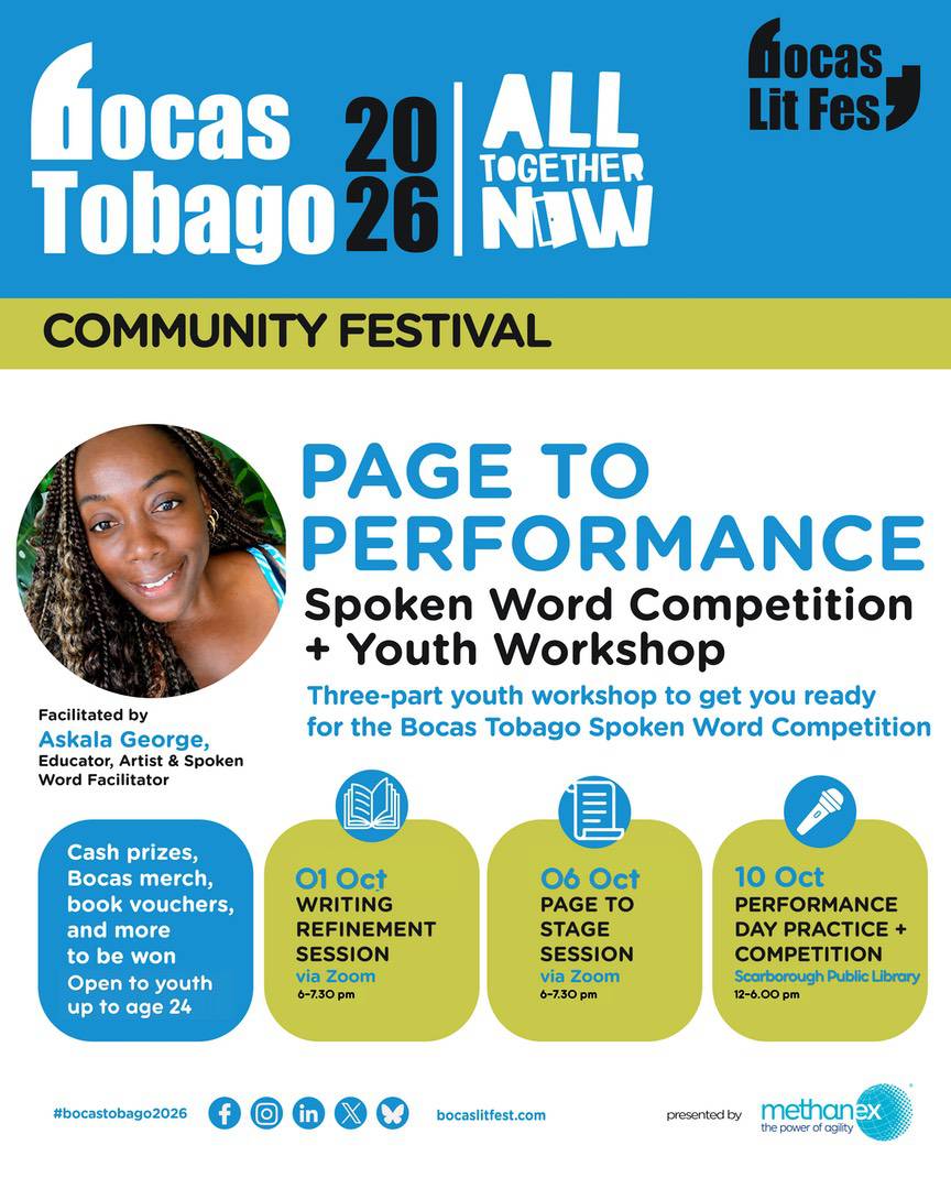 Event flyer for the Bocas Tobago Lit Fest “Page to Performance” youth spoken word competition and workshop series, including dates and session details for October.