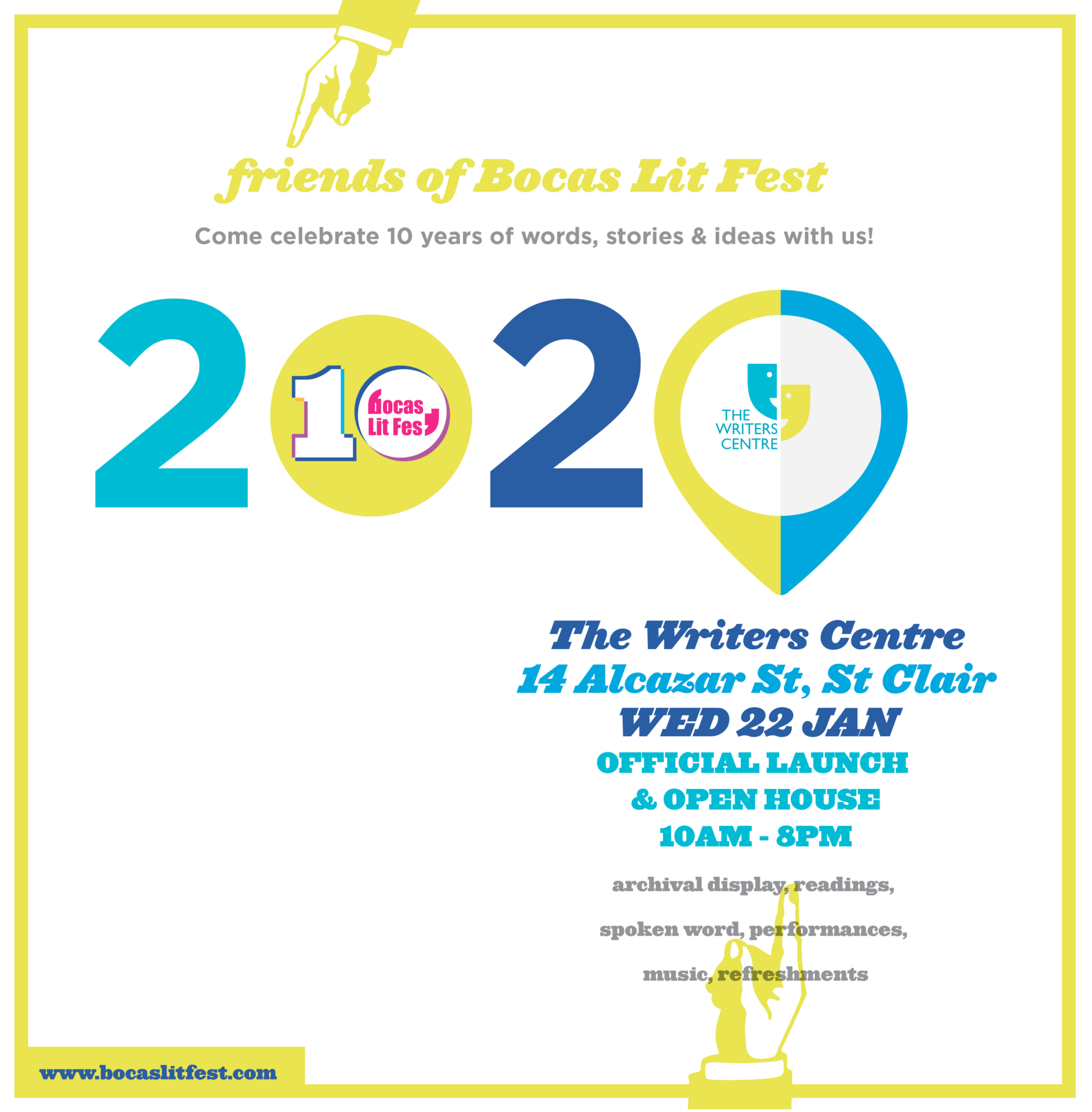 Friends of Bocas Lit Fest 10th anniversary open house with readings and performances on Wednesday, 22 January, 10am–8pm at The Writers' Centre, 14 Alcazar St, St Clair.