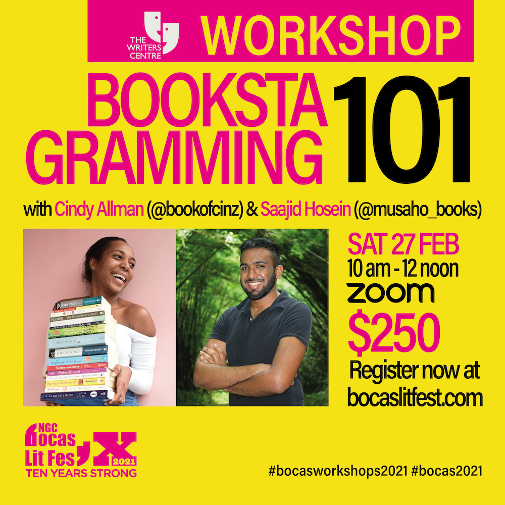 Workshop advert for “Bookstagramming 101” with Cindy Allman and Saajid Hosein on Zoom, 27 February 2021, for £250, featuring bookstagram tips and photography advice. Includes photos and registration.