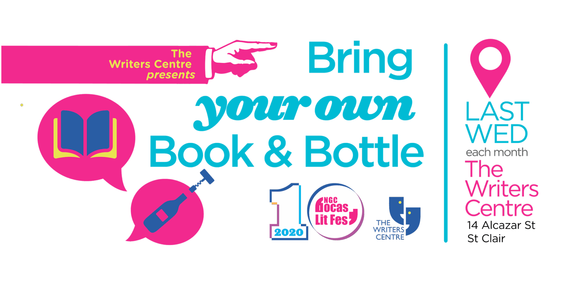 Event poster for a BYOBB book club hosted by The Writers Centre, held the last Wednesday of every month at 14 Alcazar St, St Clair.