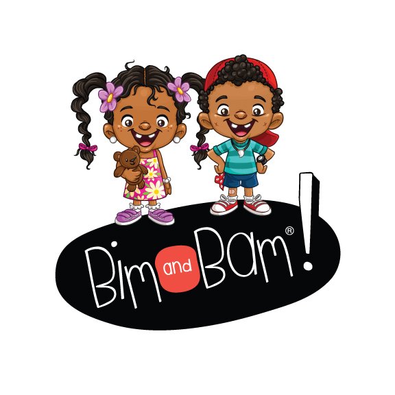 Cartoon illustration of a young girl holding a teddy bear and a young boy standing above the Bim and Bam! logo, a brand focused on interactive reading.