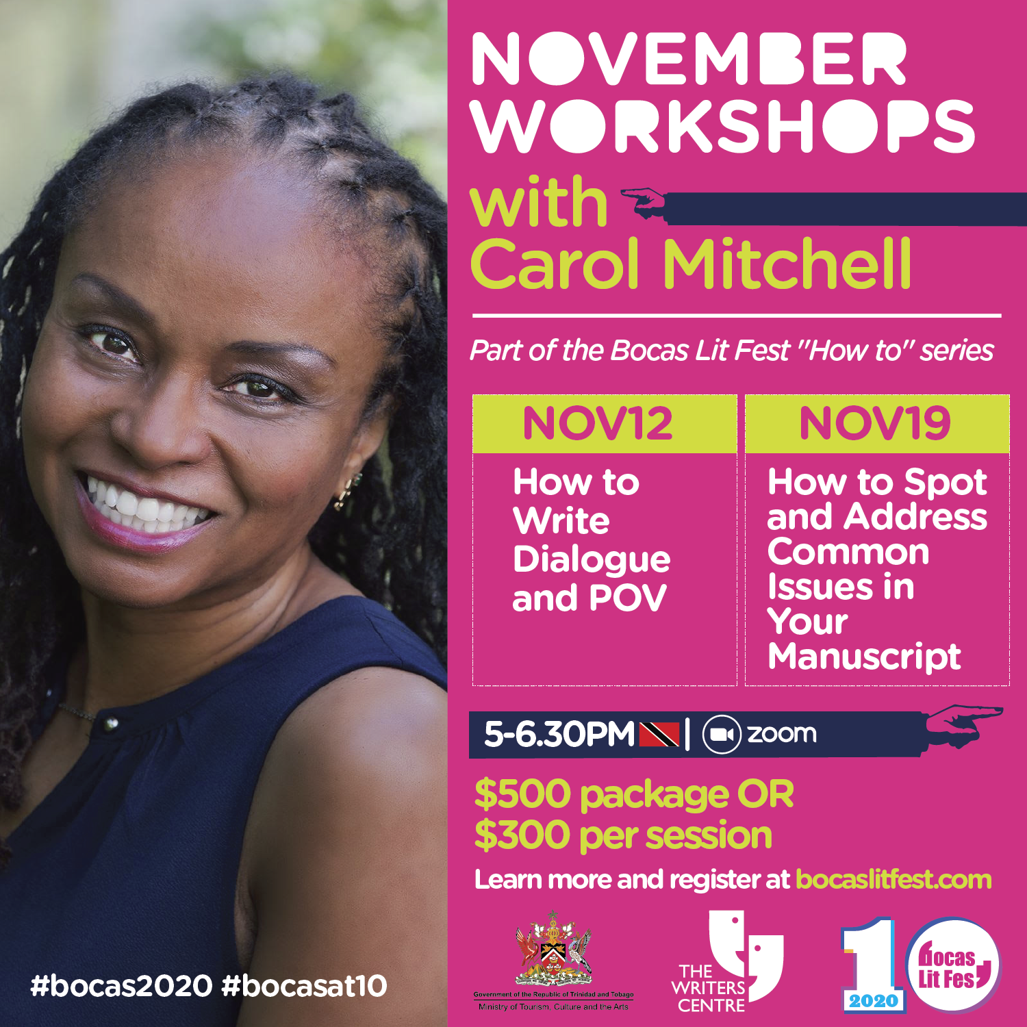 Promotional flyer for November writing workshops with Carol Mitchell, offering expert writing tips and manuscript editing, with session dates, topics, and registration details.