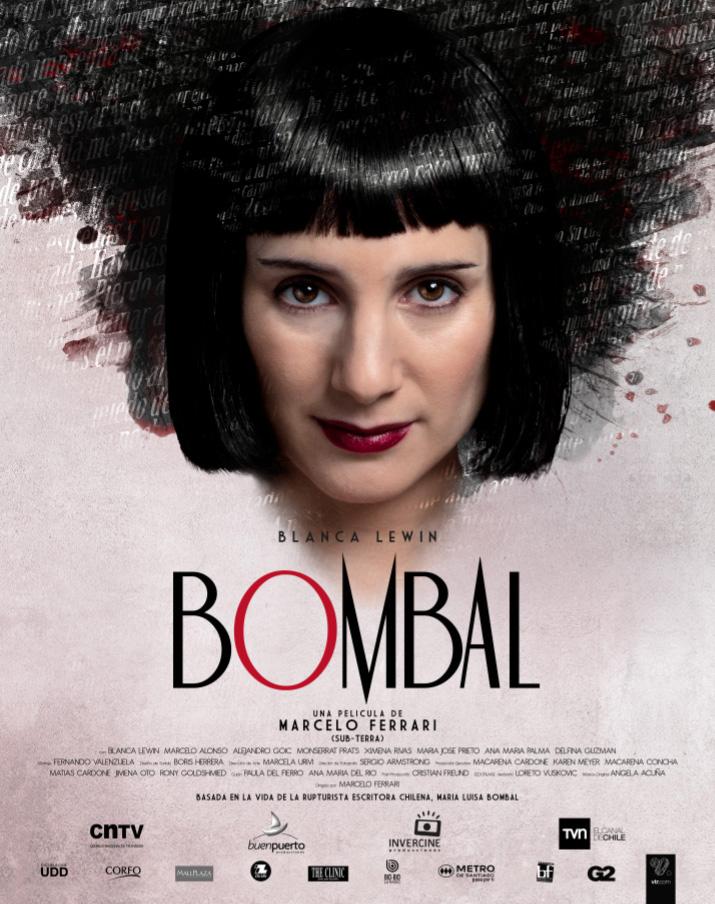 Movie poster for the film Bombal, featuring a close-up portrait of Blanca Lewin surrounded by superimposed script text from Fuego en la Niebla.