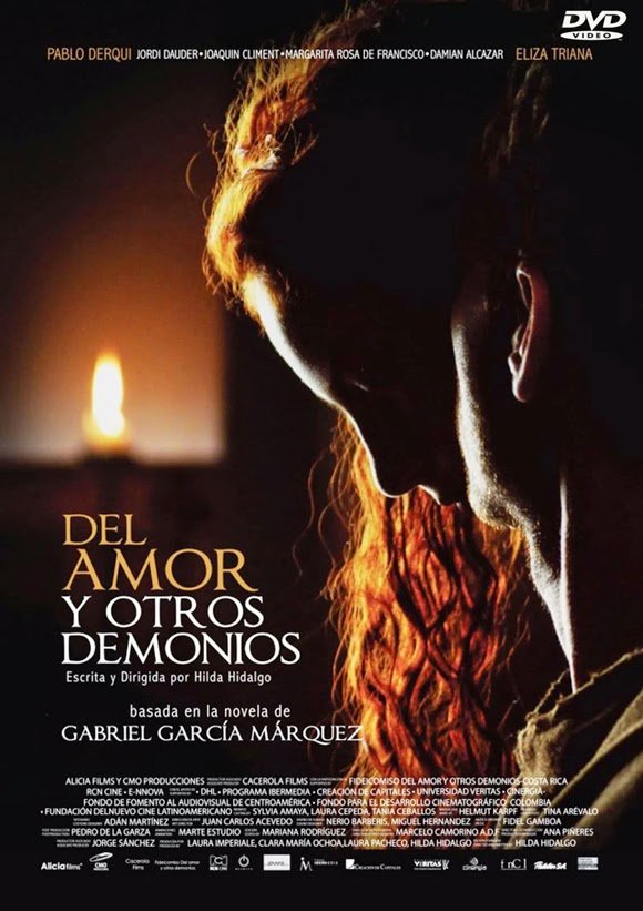 DVD cover for the Gabriel García Márquez adaptation “Of Love and Other Demons,” featuring a profile view of a woman with long red hair and a candle in the background.