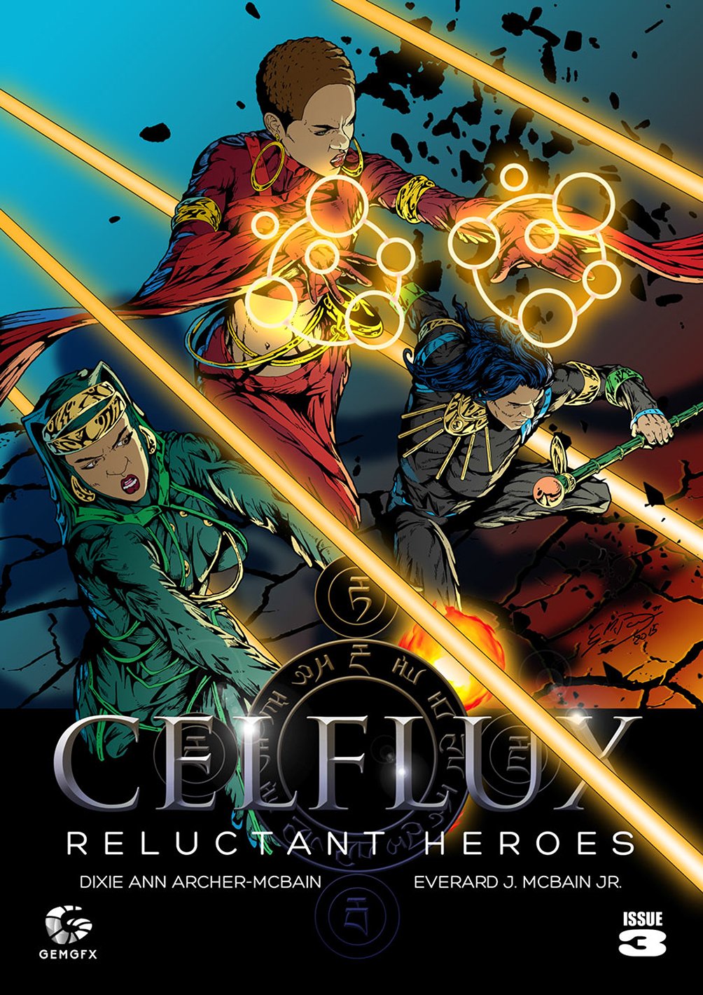 Cover for Celflux: Reluctant Heroes, Issue 3, featuring three characters in action with glowing energy effects, crafted in a graphic novel workshop.