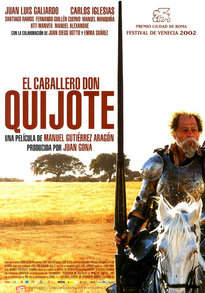 Film poster for El caballero Don Quijote, featuring a knight in armour on a white horse against a landscape, with cast, crew, and festival award information.