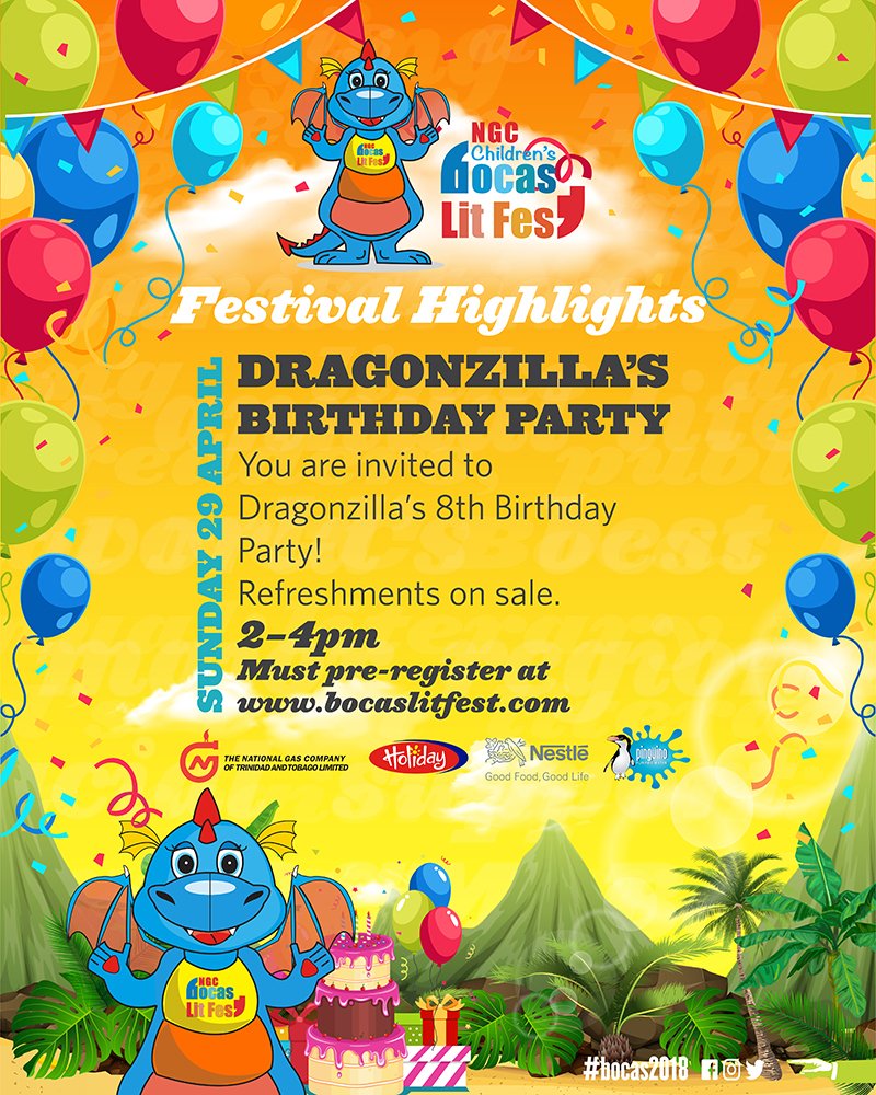Flyer for the NGC Children’s Bocas Lit Fest event, Dragonzilla’s 8th birthday party, on 29 April from 2-4pm. Includes event details, registration website, and sponsor logos.