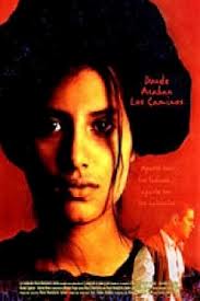 Film poster for the novela “Donde acaban los caminos,” featuring a close-up of a woman’s face and a man in the lower corner against a red background.