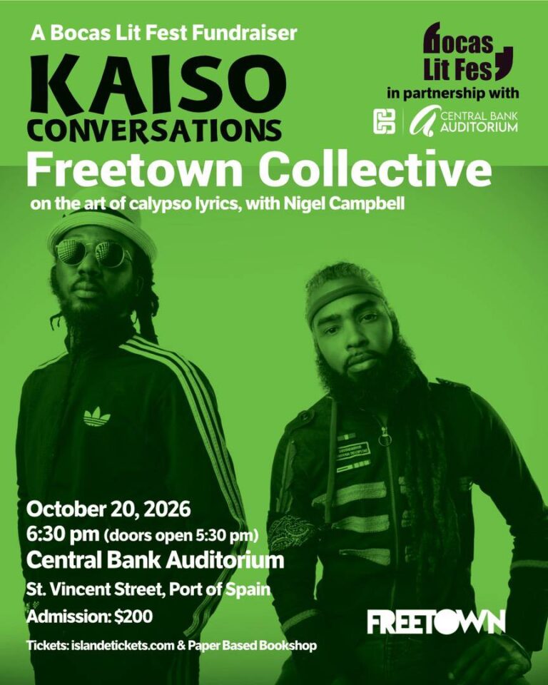 Poster for a Kaiso Conversations fundraiser featuring Freetown Collective on 20 October 2026 at the Central Bank Auditorium, Port of Spain. Admission is £200.