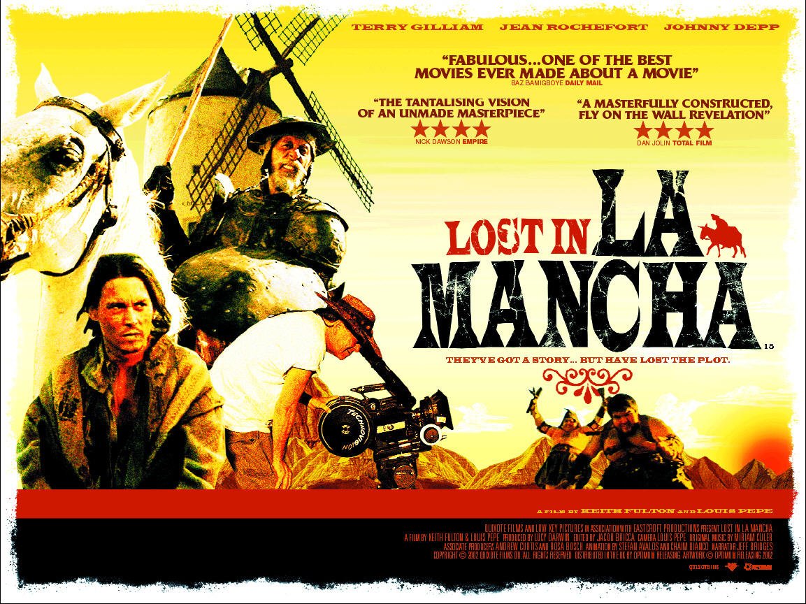 Film poster for “Lost in La Mancha”, featuring an illustration of Don Quixote on horseback alongside a film crew.