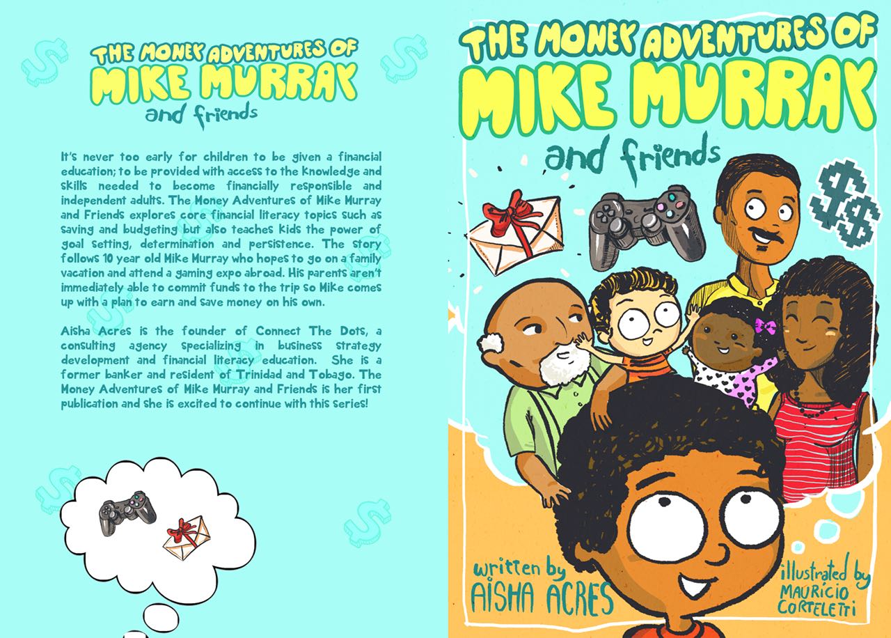 Book cover for The Money Adventures of Mike Murray and friends by Aisha Acres, showing diverse children and adults with a games controller and an envelope, suggesting interactive reading.