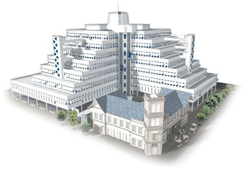 An architectural rendering of a large white terraced pyramid-shaped building standing behind a smaller, traditional two-storey building during a NALIS library tour.