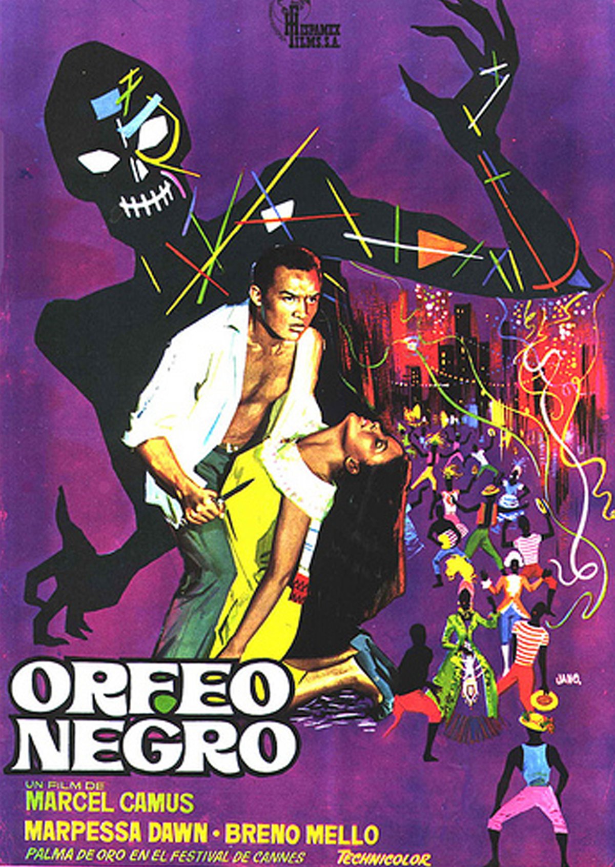 Film poster for Orfeu Negro showing a man and woman in a dance embrace, overlaid by a large shadowy figure with glowing lines, with a festive crowd in the background.