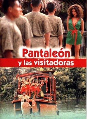 Film poster for the Mario Vargas Llosa novel Pantaleón y las visitadoras, featuring men in tan shirts, a woman in a green dress, and a group of people on a boat in a jungle river.